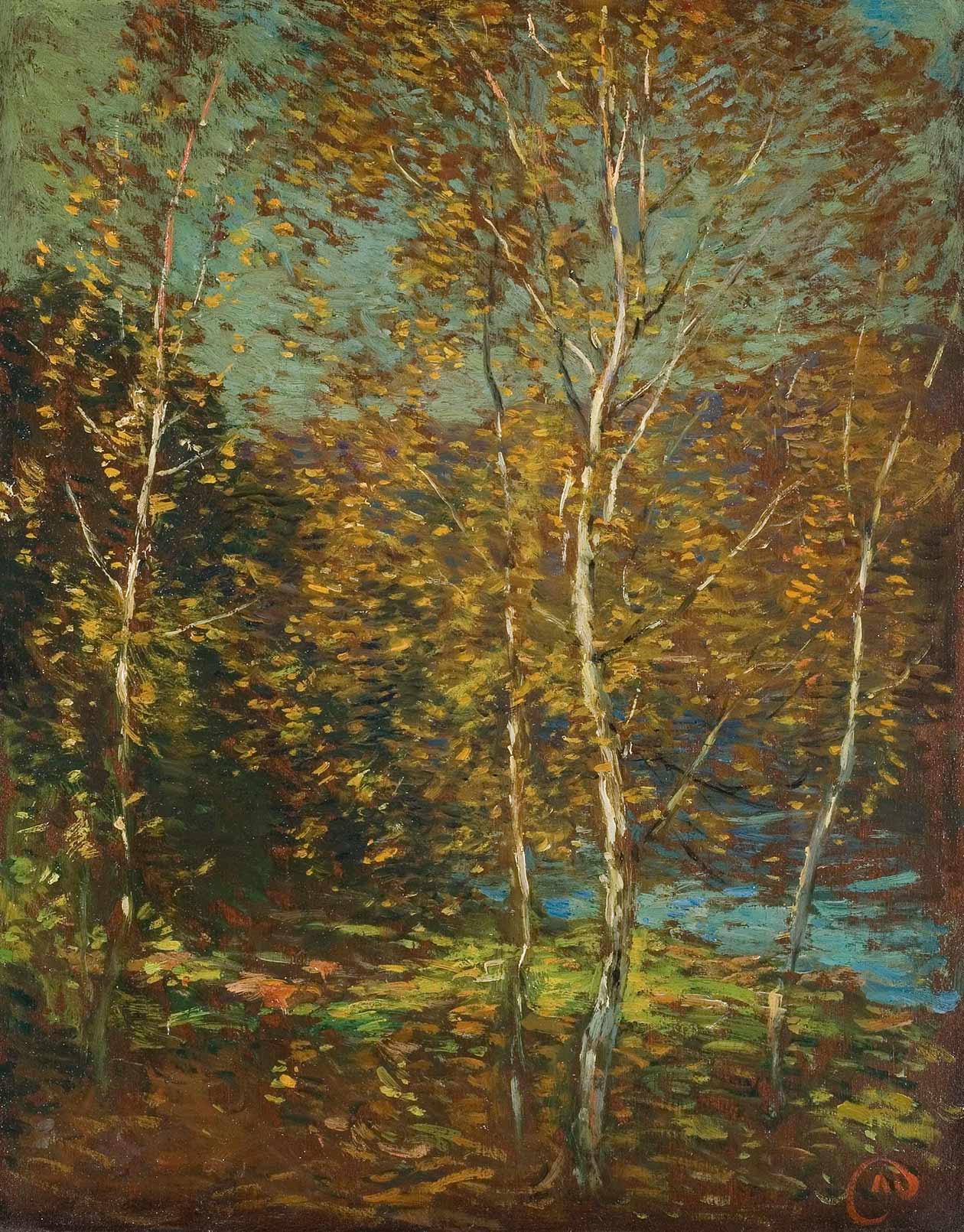 Impressionist oil painting landscape birches in the field, signed