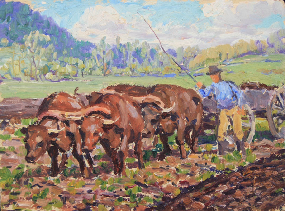 Untitled [Four brown oxen pulling cart with man beside]