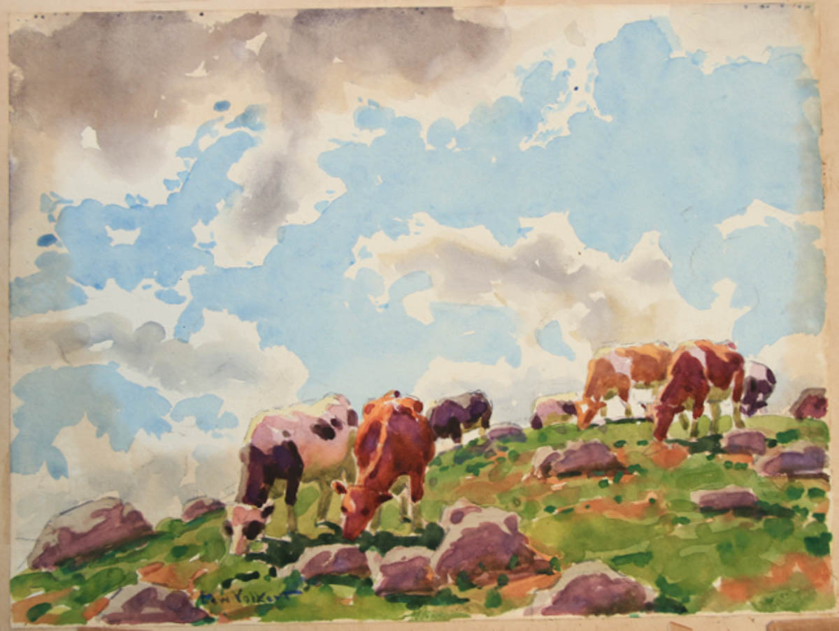 Untitled [Guernseys and Holsteins on Hill, Blue Sky with Cloud]