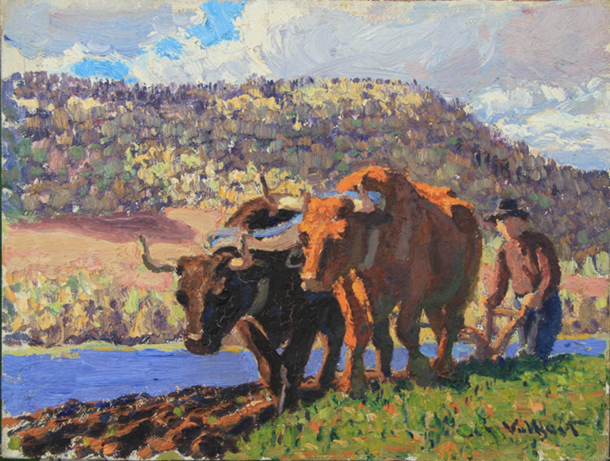 Untitled [Light and dark brown oxen plowing by water]