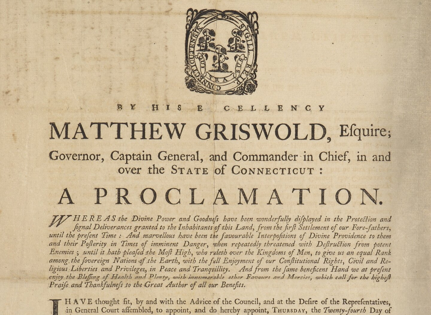 Glimpse: Governor Matthew Griswold’s Thanksgiving Proclamation, 1785